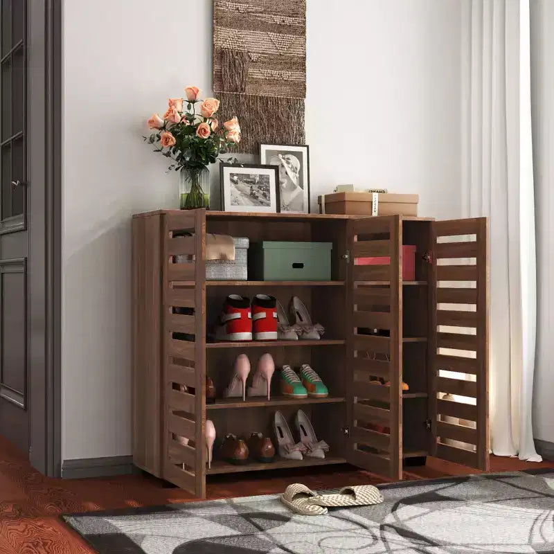 VIYET 38.7 5-Tier Shoe Cabinet, Walnut Particle Board+MDF Organizer w/ Adjustable Shelves & Louvered Doors