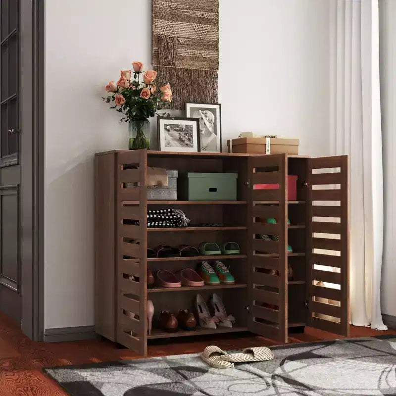 VIYET 38.7 5-Tier Shoe Cabinet, Walnut Particle Board+MDF Organizer w/ Adjustable Shelves & Louvered Doors