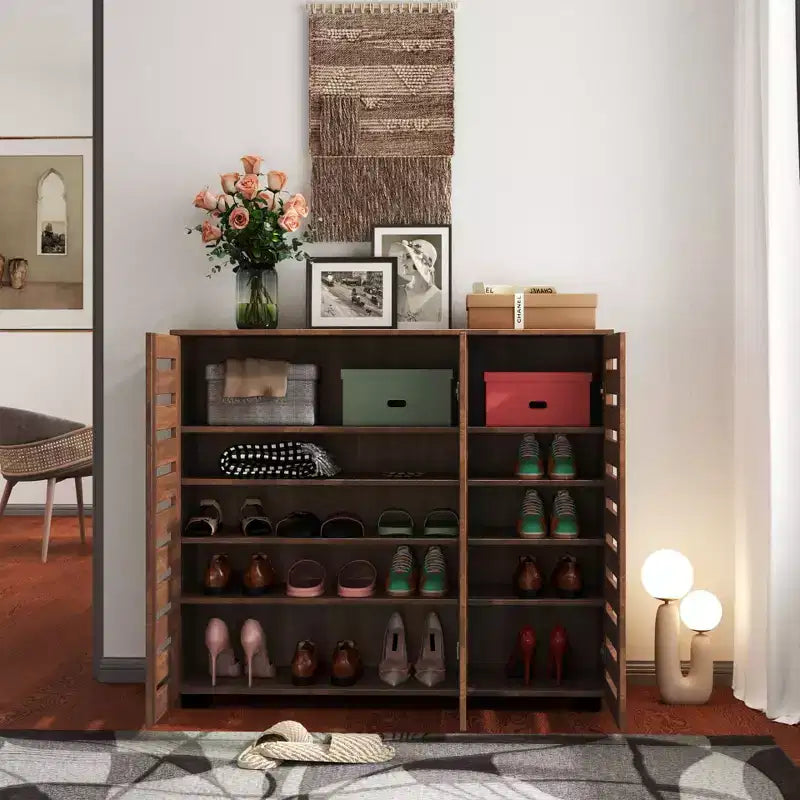 VIYET 38.7 5-Tier Shoe Cabinet, Walnut Particle Board+MDF Organizer w/ Adjustable Shelves & Louvered Doors