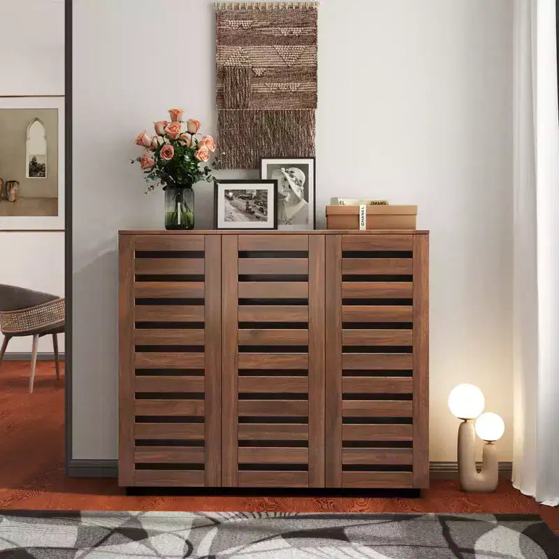 VIYET 38.7 5-Tier Shoe Cabinet, Walnut Particle Board+MDF Organizer w/ Adjustable Shelves & Louvered Doors