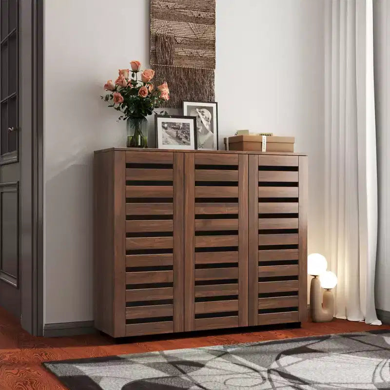 VIYET 38.7 5-Tier Shoe Cabinet, Walnut Particle Board+MDF Organizer w/ Adjustable Shelves & Louvered Doors