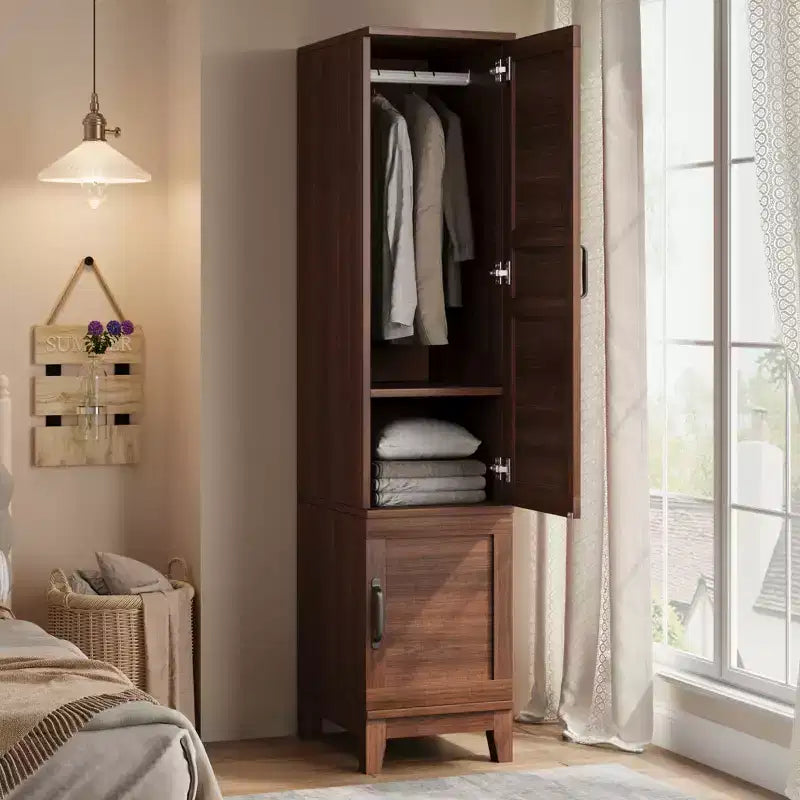 Garvee Armoire Wardrobe Closet with 2 Doors,72 Wooden Wardrobe Cabinet with Hanging Rod, Narrow Tall Armoire with 18 Adjustable Shelves for Bedroom
