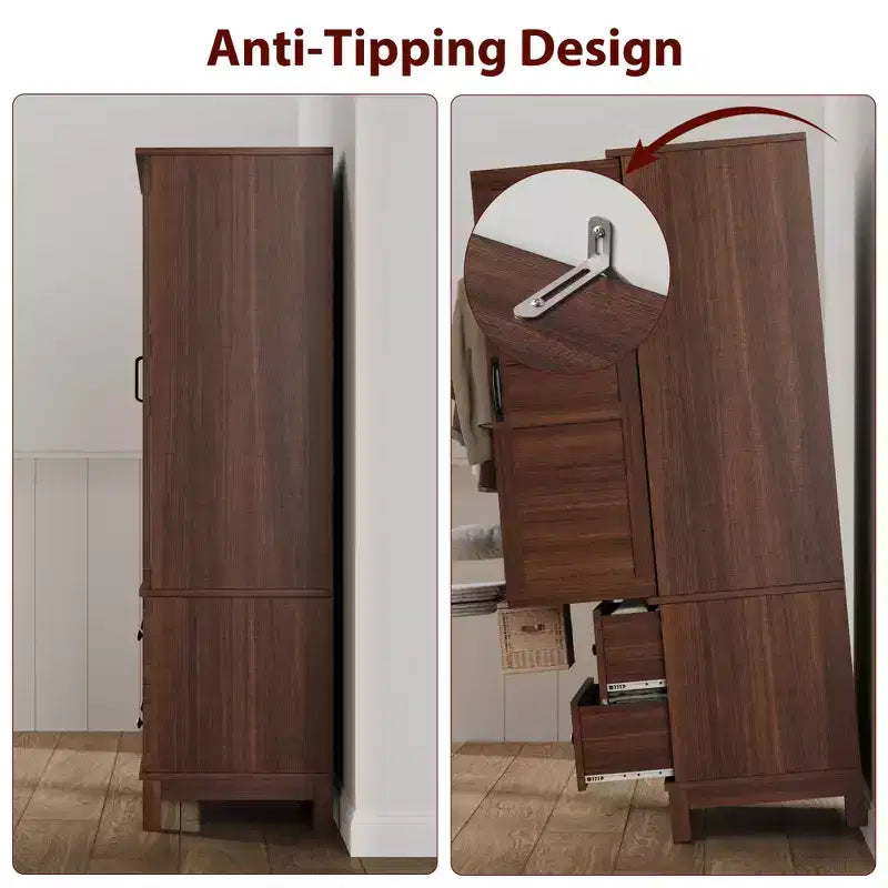 Garvee Armoire Wardrobe Closet with 2 Doors,72 Wooden Wardrobe Cabinet with Hanging Rod, Narrow Tall Armoire with 18 Adjustable Shelves for Bedroom