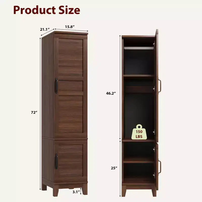 Garvee Armoire Wardrobe Closet with 2 Doors,72 Wooden Wardrobe Cabinet with Hanging Rod, Narrow Tall Armoire with 18 Adjustable Shelves for Bedroom