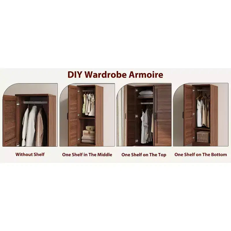 Garvee Armoire Wardrobe Closet with 2 Doors,72 Wooden Wardrobe Cabinet with Hanging Rod, Narrow Tall Armoire with 18 Adjustable Shelves for Bedroom