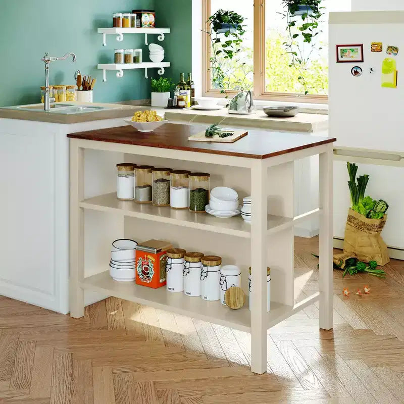 sumyeg 45 Solid Wood Kitchen Island with Butcher Block and Open Shelves for Small Spaces