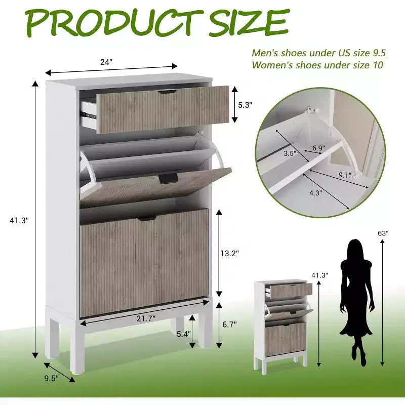 Shoe Cabinet with 2 Flip Drawers & Sliding Drawer, Adjustable Shelf Shoe Storage Cabinet for Front Door, Space-Saving Shoe Organiser for 8-12 Pairs