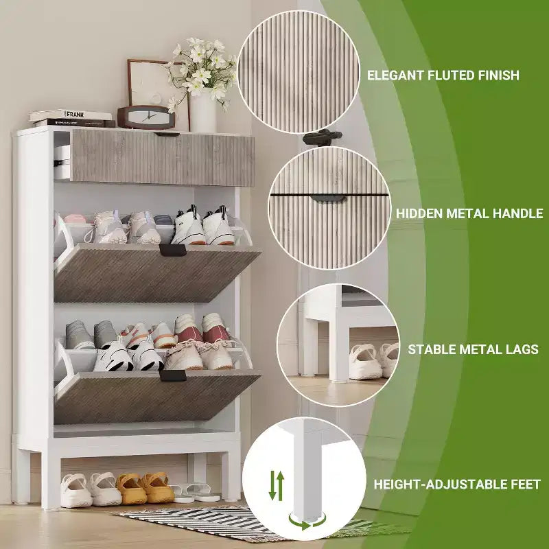 Shoe Cabinet with 2 Flip Drawers & Sliding Drawer, Adjustable Shelf Shoe Storage Cabinet for Front Door, Space-Saving Shoe Organiser for 8-12 Pairs