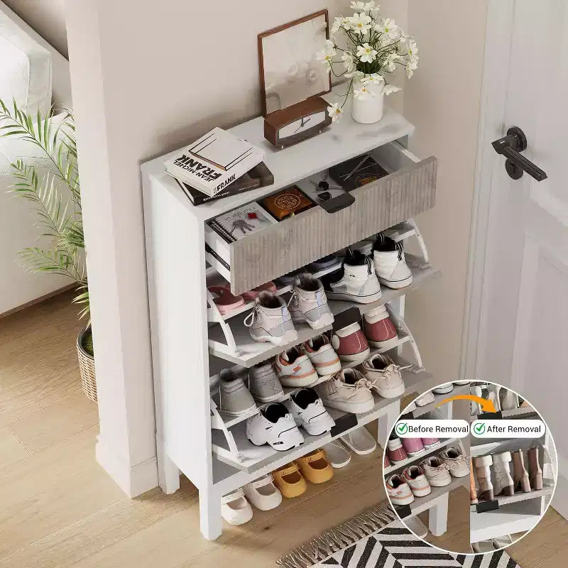 Shoe Cabinet with 2 Flip Drawers & Sliding Drawer, Adjustable Shelf Shoe Storage Cabinet for Front Door, Space-Saving Shoe Organiser for 8-12 Pairs