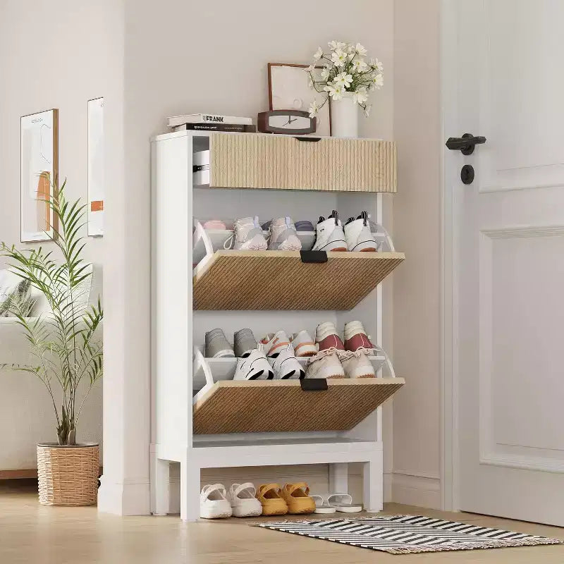 Shoe Cabinet with 2 Flip Drawers & Sliding Drawer, Adjustable Shelf Shoe Storage Cabinet for Front Door, Space-Saving Shoe Organiser for 8-12 Pairs