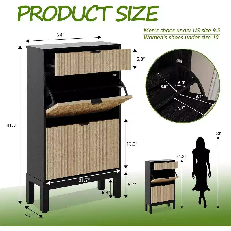 Shoe Cabinet with 2 Flip Drawers & Sliding Drawer, Adjustable Shelf Shoe Storage Cabinet for Front Door, Space-Saving Shoe Organiser for 8-12 Pairs