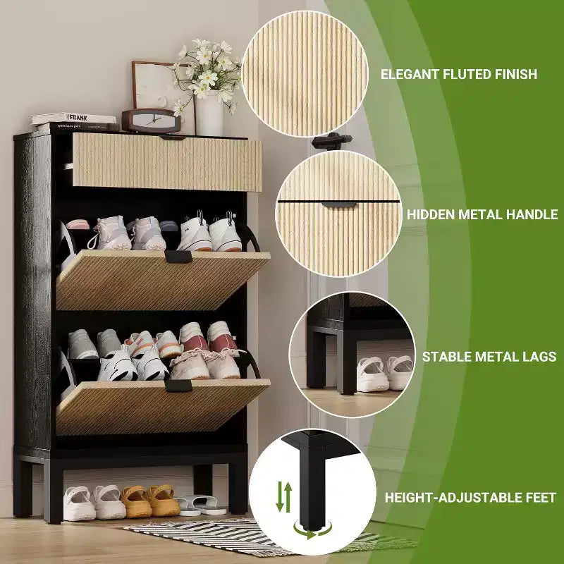 Shoe Cabinet with 2 Flip Drawers & Sliding Drawer, Adjustable Shelf Shoe Storage Cabinet for Front Door, Space-Saving Shoe Organiser for 8-12 Pairs