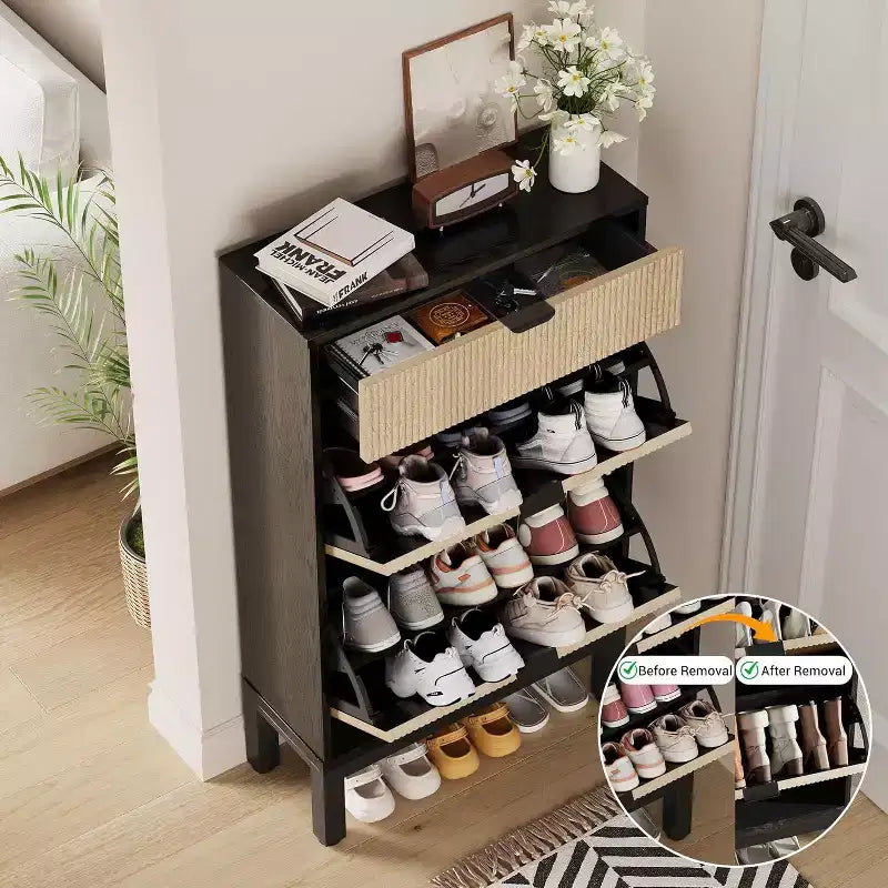 Shoe Cabinet with 2 Flip Drawers & Sliding Drawer, Adjustable Shelf Shoe Storage Cabinet for Front Door, Space-Saving Shoe Organiser for 8-12 Pairs