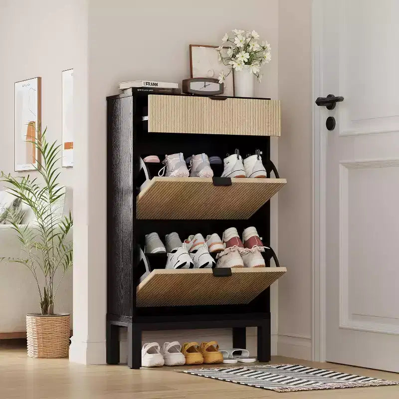 Shoe Cabinet with 2 Flip Drawers & Sliding Drawer, Adjustable Shelf Shoe Storage Cabinet for Front Door, Space-Saving Shoe Organiser for 8-12 Pairs