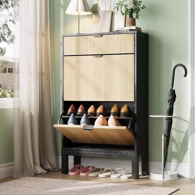 Shoe Cabinet with 2 Flip Drawers & Sliding Drawer, Adjustable Shelf Shoe Storage Cabinet for Front Door, Space-Saving Shoe Organiser for 8-12 Pairs