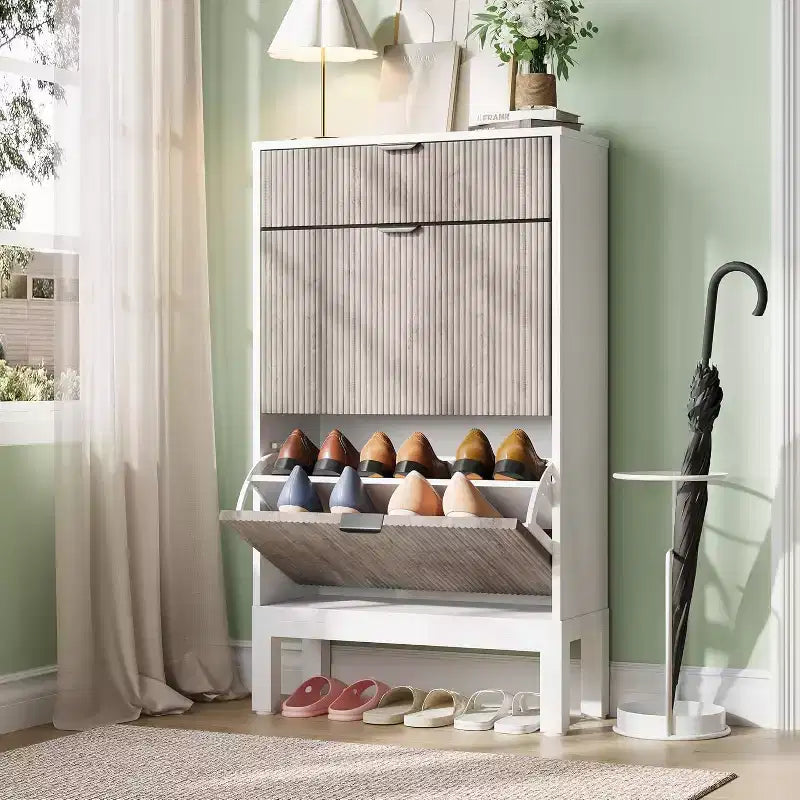 Shoe Cabinet with 2 Flip Drawers & Sliding Drawer, Adjustable Shelf Shoe Storage Cabinet for Front Door, Space-Saving Shoe Organiser for 8-12 Pairs