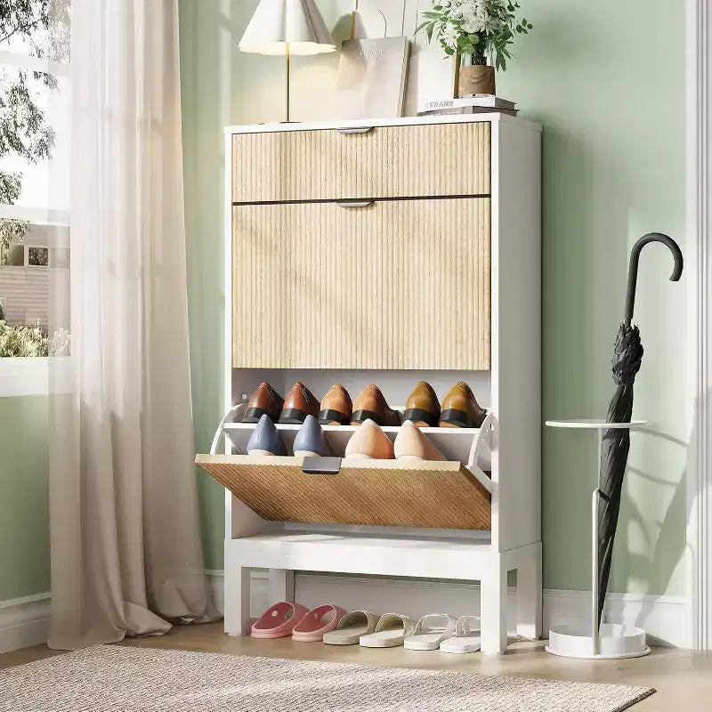 Shoe Cabinet with 2 Flip Drawers & Sliding Drawer, Adjustable Shelf Shoe Storage Cabinet for Front Door, Space-Saving Shoe Organiser for 8-12 Pairs