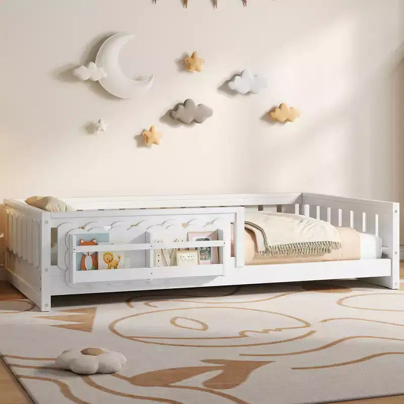Whisen Wood Twin Size Platform Bed Frame with Guardrail and Storage Shelves