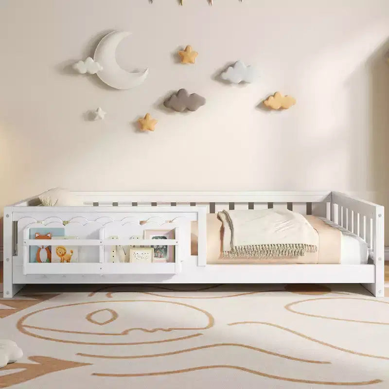 Whisen Wood Twin Size Platform Bed Frame with Guardrail and Storage Shelves