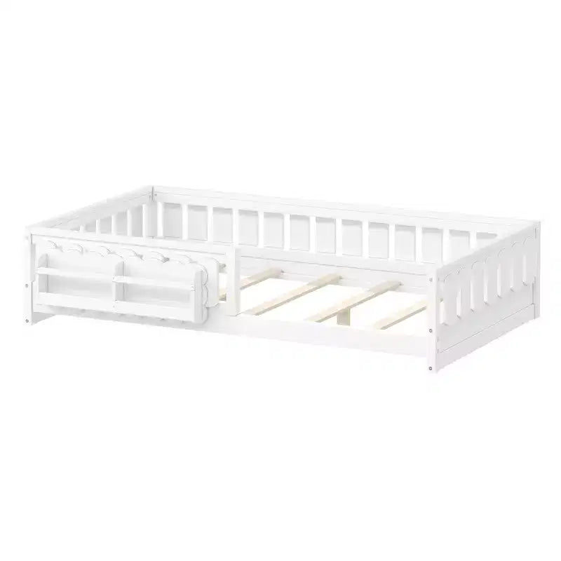 Whisen Wood Twin Size Platform Bed Frame with Guardrail and Storage Shelves
