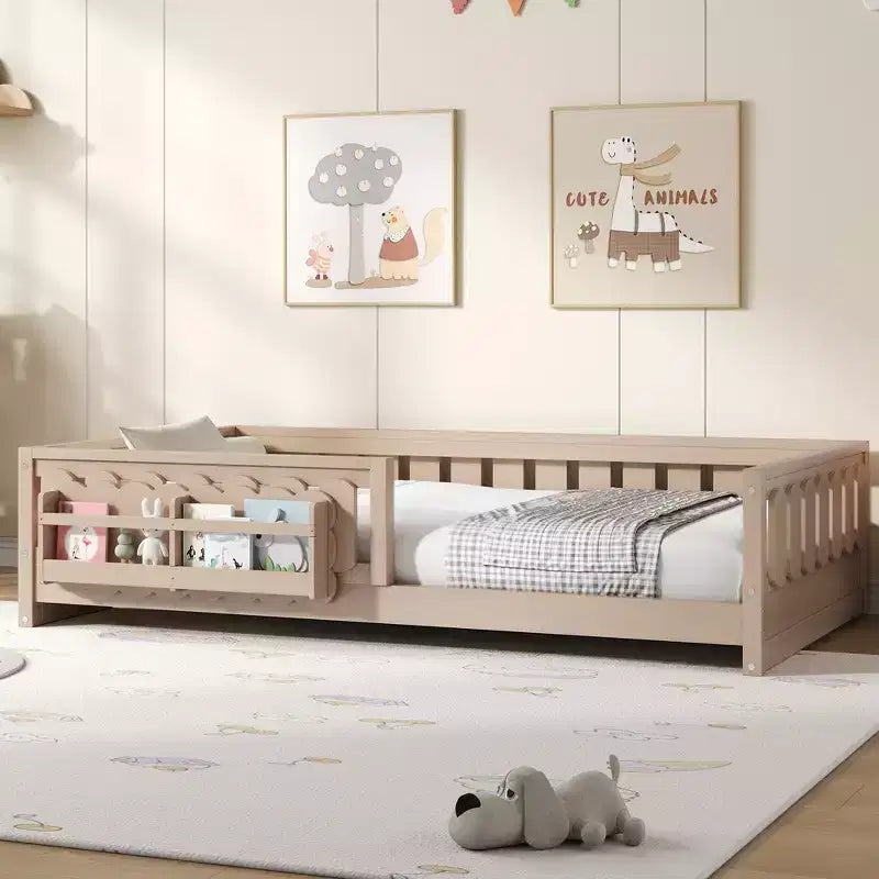 Whisen Wood Twin Size Platform Bed Frame with Guardrail and Storage Shelves