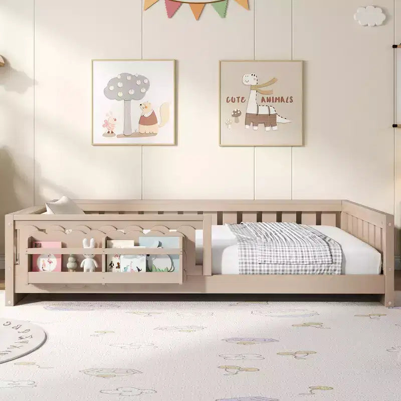 Whisen Wood Twin Size Platform Bed Frame with Guardrail and Storage Shelves
