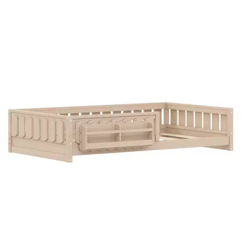 Whisen Wood Twin Size Platform Bed Frame with Guardrail and Storage Shelves