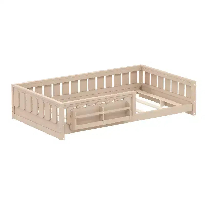 Whisen Wood Twin Size Platform Bed Frame with Guardrail and Storage Shelves
