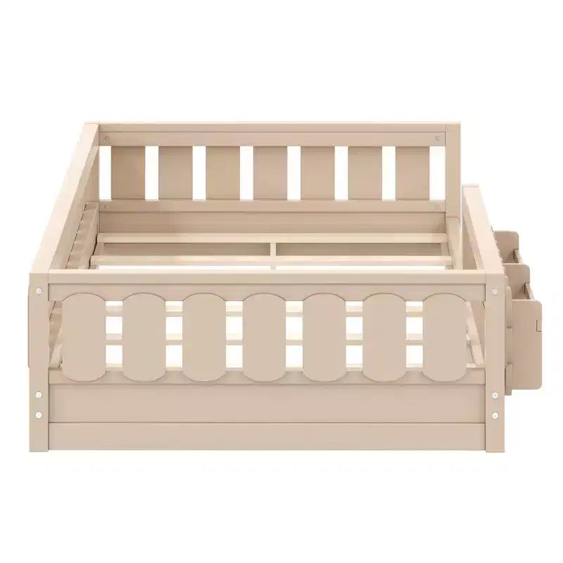 Whisen Wood Twin Size Platform Bed Frame with Guardrail and Storage Shelves