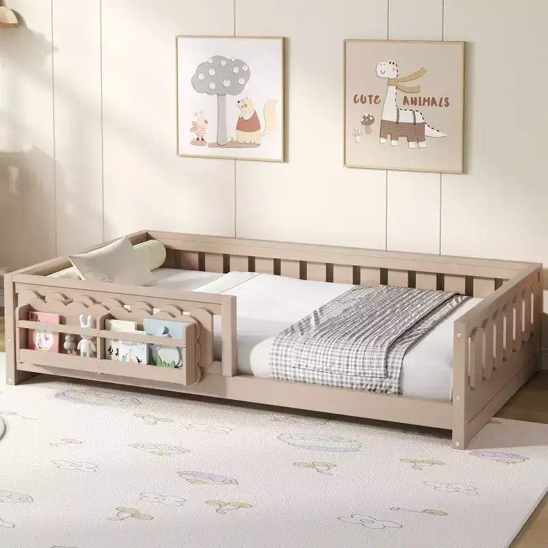Whisen Wood Twin Size Platform Bed Frame with Guardrail and Storage Shelves