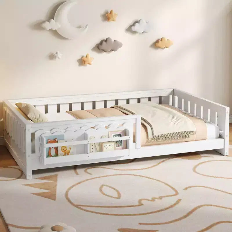 Whisen Wood Twin Size Platform Bed Frame with Guardrail and Storage Shelves