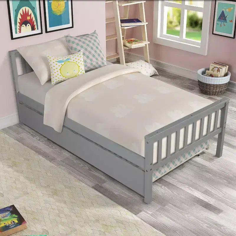 Bellemave Twin Platform Bed with Trundle,Pine Platform Bed Frame with Headboard and Footboard for Bedroom