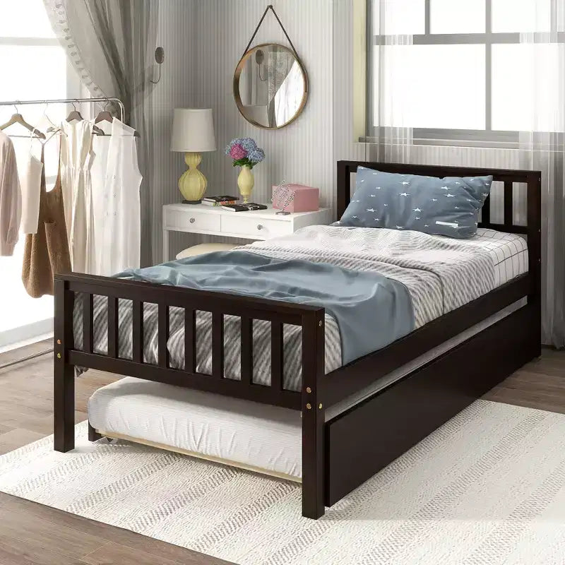 Bellemave Twin Platform Bed with Trundle,Pine Platform Bed Frame with Headboard and Footboard for Bedroom