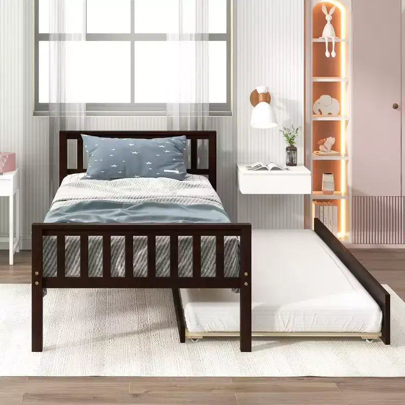 Bellemave Twin Platform Bed with Trundle,Pine Platform Bed Frame with Headboard and Footboard for Bedroom