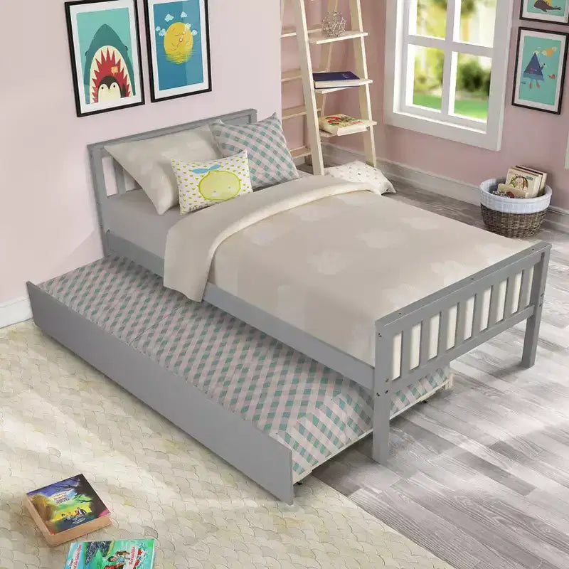 Bellemave Twin Platform Bed with Trundle,Pine Platform Bed Frame with Headboard and Footboard for Bedroom