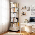 JVNOXK 18-inch 6-Tier Rotating Bookcase 360 Rotating Display With Wheels and Drawers Ideal for Bedrooms and Living Rooms Warm White