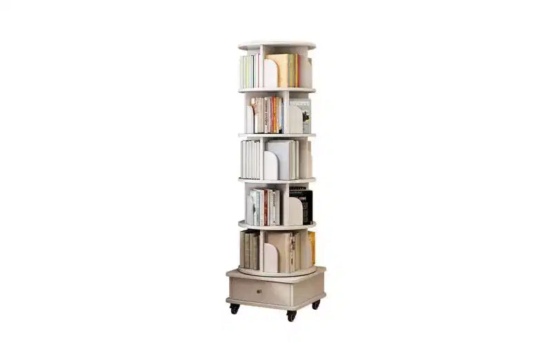 JVNOXK 18-inch 6-Tier Rotating Bookcase 360 Rotating Display With Wheels and Drawers Ideal for Bedrooms and Living Rooms Warm White