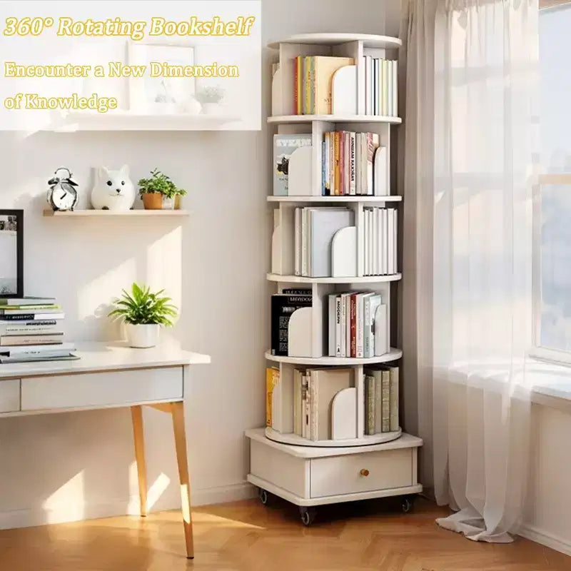 JVNOXK 18-inch 6-Tier Rotating Bookcase 360 Rotating Display With Wheels and Drawers Ideal for Bedrooms and Living Rooms Warm White