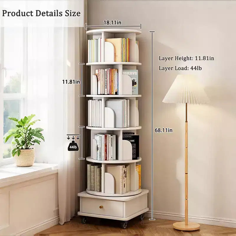 JVNOXK 18-inch 6-Tier Rotating Bookcase 360 Rotating Display With Wheels and Drawers Ideal for Bedrooms and Living Rooms Warm White