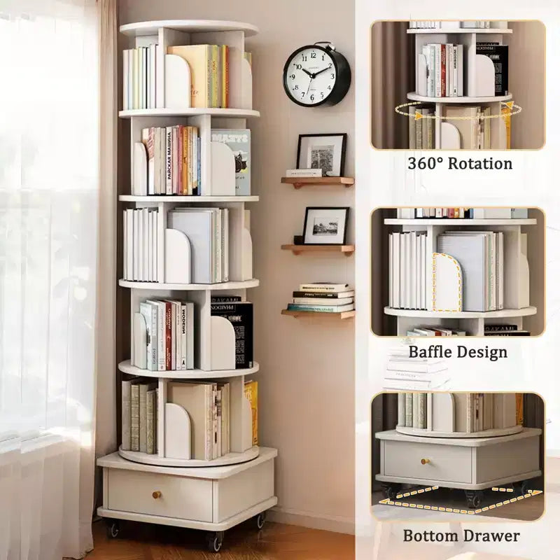 JVNOXK 18-inch 6-Tier Rotating Bookcase 360 Rotating Display With Wheels and Drawers Ideal for Bedrooms and Living Rooms Warm White