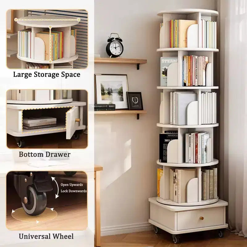 JVNOXK 18-inch 6-Tier Rotating Bookcase 360 Rotating Display With Wheels and Drawers Ideal for Bedrooms and Living Rooms Warm White