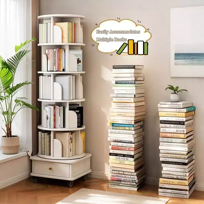 JVNOXK 18-inch 6-Tier Rotating Bookcase 360 Rotating Display With Wheels and Drawers Ideal for Bedrooms and Living Rooms Warm White