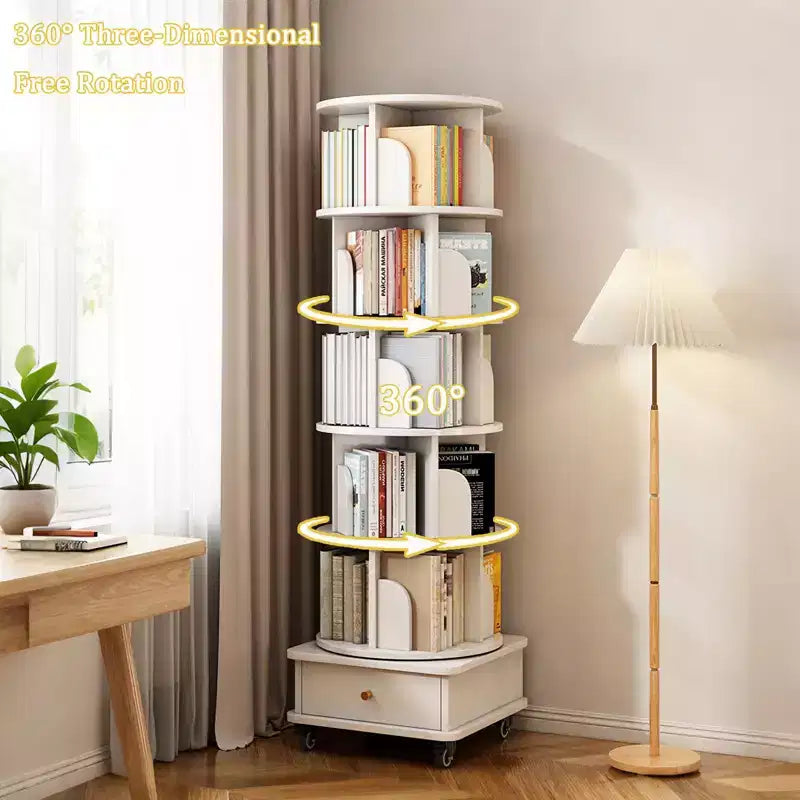 JVNOXK 18-inch 6-Tier Rotating Bookcase 360 Rotating Display With Wheels and Drawers Ideal for Bedrooms and Living Rooms Warm White