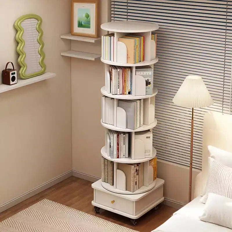 JVNOXK 18-inch 6-Tier Rotating Bookcase 360 Rotating Display With Wheels and Drawers Ideal for Bedrooms and Living Rooms Warm White