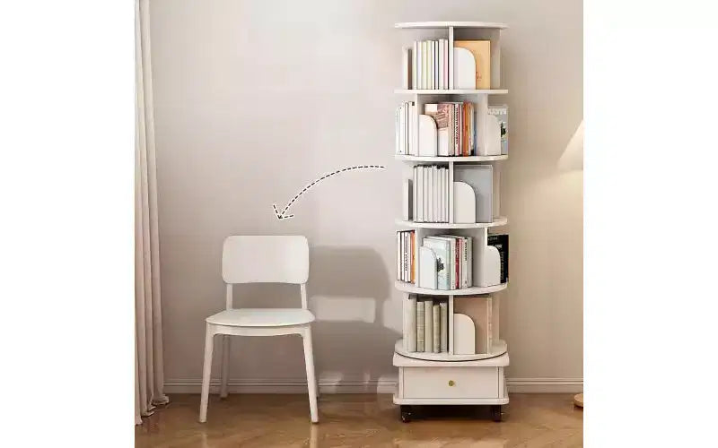 JVNOXK 18-inch 6-Tier Rotating Bookcase 360 Rotating Display With Wheels and Drawers Ideal for Bedrooms and Living Rooms Warm White