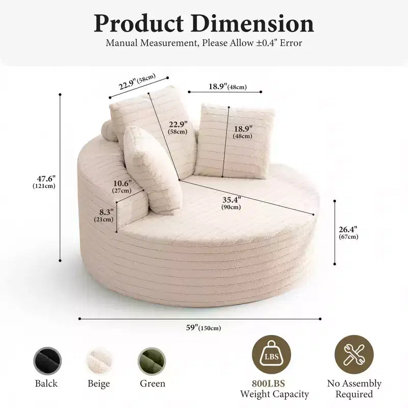 KERDOM Oversized Round Sofa with Cushioned Backrest, Single Cloud Floor Sofa Chair For Living Room, No Assembly Required, Beige