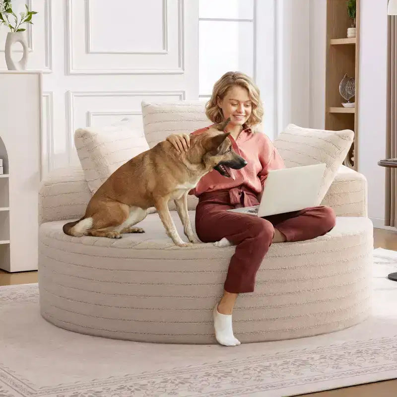 KERDOM Oversized Round Sofa with Cushioned Backrest, Single Cloud Floor Sofa Chair For Living Room, No Assembly Required, Beige