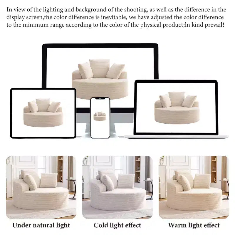 KERDOM Oversized Round Sofa with Cushioned Backrest, Single Cloud Floor Sofa Chair For Living Room, No Assembly Required, Beige
