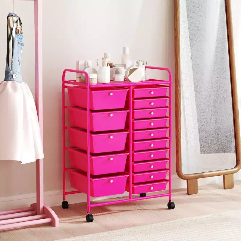 Gymax 15-Drawer Mobile Storage Cart with Wheels Supplies Organizer Rainbow/Multicolor/Colorful/Mixed Pink/ Mixed Black/ Hot Pink/Gradient Green