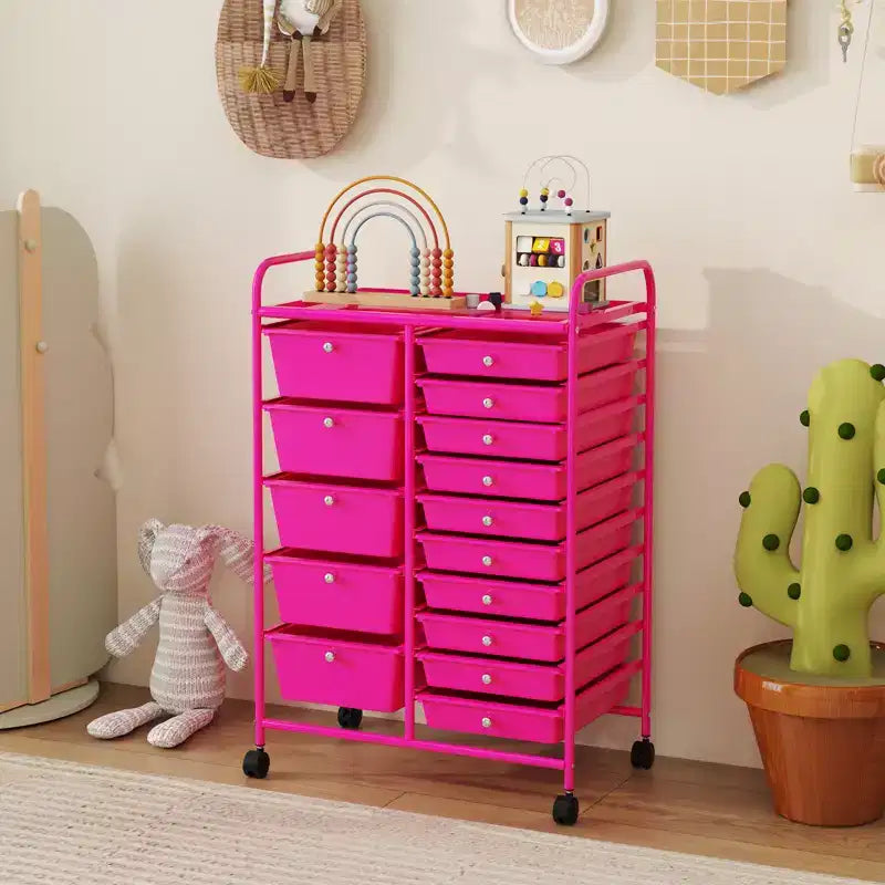 Gymax 15-Drawer Mobile Storage Cart with Wheels Supplies Organizer Rainbow/Multicolor/Colorful/Mixed Pink/ Mixed Black/ Hot Pink/Gradient Green